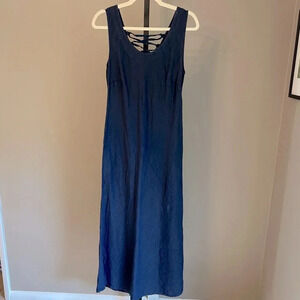 Lavinia Temple Scoop Neck Linen Maxi Dress Navy Small Coastal Beach Casual Italy